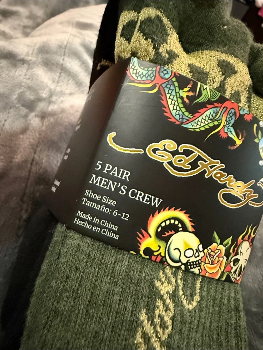 Ed Hardy Men's Crew Socks in Olive and Gold Accent - 5 Pack